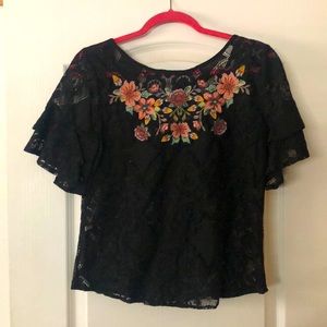 Boutique Blu Pepper Lace Embroidered Floral Black Top Blouse grosgrain ribbon S